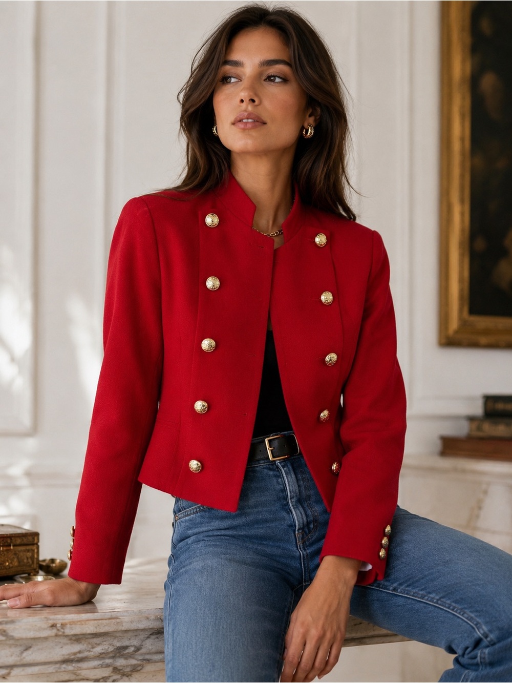 Vintage Casual Corner Petite Red Wool Military Blazer Gold Button 2P